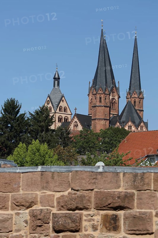 View from the Imperial Palace to St. Mary's Church, church towers, spires, townscape, Gelnhausen, Hesse, Germany, Europe
