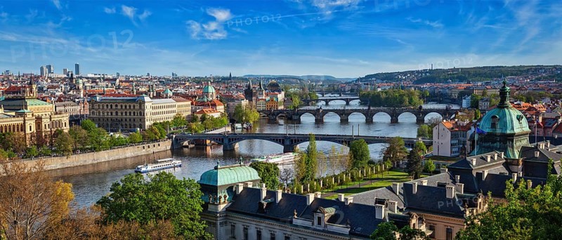 Panoramic view of bridges over Vltava river from Letni Park. Prague, Czech Republic. Stitched panorama