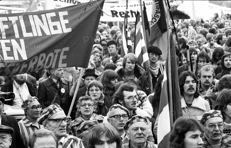 The party congress of the National Democratic Party of Germany (NPD) triggered protests against neo-Nazism, fascism and war on 08.12.1979 in Ketsch, Germany, Europe