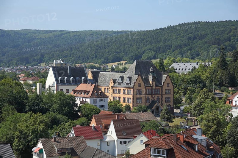 View from the Bayersturm on Georg Ludwig Rexroth Realschule in Lohr am Main, Lower Franconia, Franconia, Spessart, Bavaria, Germany, Europe