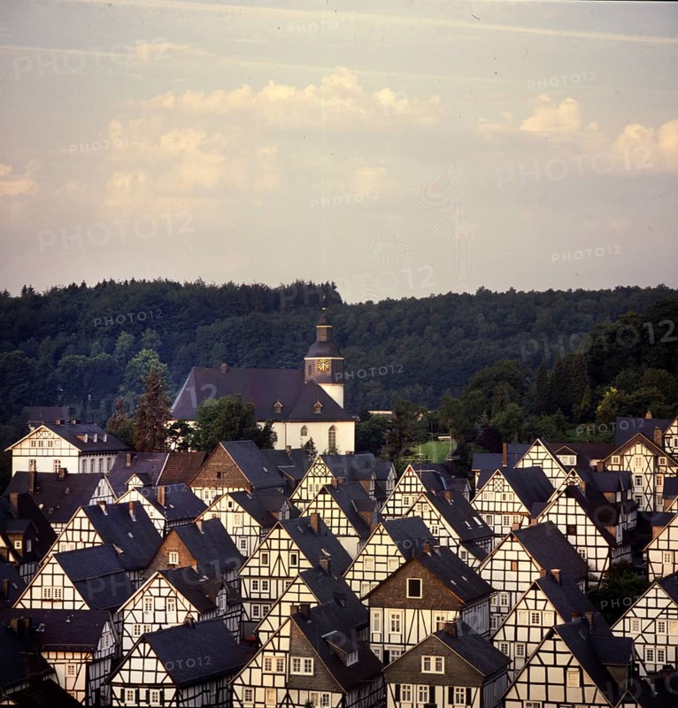 The picturesque town centre, here on 24.07.1991, of Freudenberg in the early morning, Germany, Europe
