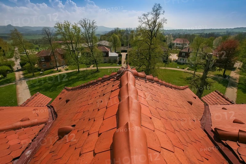 Lindich Castle, built from 1738 to 1741 by Prince Friedrich Ludwig, hunting and pleasure palace, residence, historic building, roof tiles, view of the cavalier houses, Hechingen, Zollernalbkreis, Baden-Württemberg, Germany, Europe