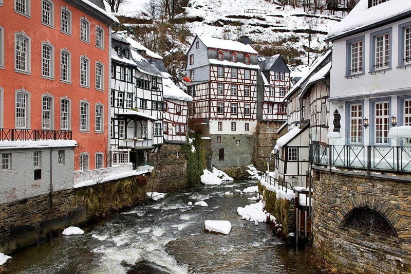 Historic half-timbered houses along the Rur near Monschau, Eifel, North Rhine-Westphalia, Germany, Europe