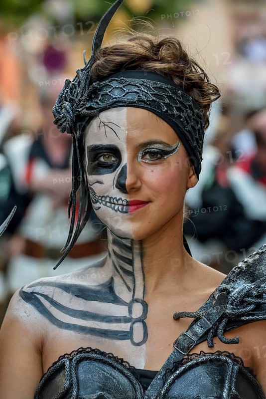 Woman in historic clothing, Moors and Christian Parade, Moros y Cristianos, Jijona or Xixona, Alicante, Costa Blanca, Spain, Europe