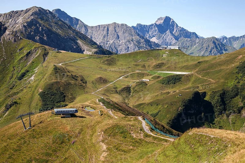 View from the Fellhornbahn summit station to the Kanzelwandbahn summit station and Allgäu Alps, Fellhorn, Oberstdorf, Oberallgäu, Allgäu, Bavaria, Germany, Europe
