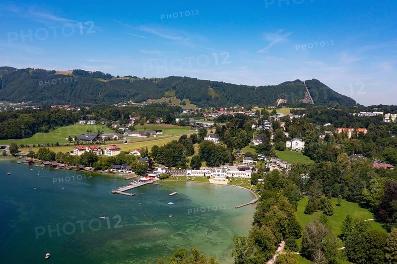 Drone shot, panorama shot, lido, Altmünster am Lake Traun, Gmunden, Lake Traun, Salzkammergut, Upper Austria, Austria, Europe