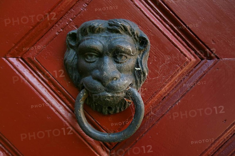Traditional metal lion's head door knocker on a red wooden door, detail, Klingenstein Castle, historic building, architecture, Blautal, Blaustein, Baden-Württemberg, Germany, Europe