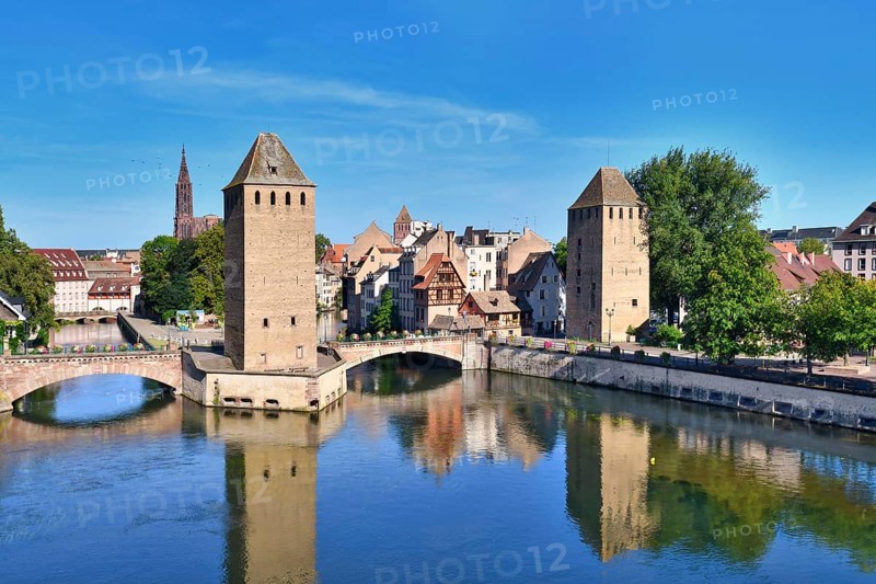 Strasbourgh, Germany: Historical tower of 'Ponts Couvert' bridge as part of defensive work erected in the 13th century on the River Ill in 'Petite France' quarter of Strasbourg city