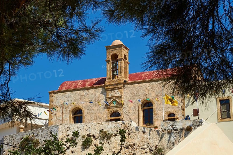 Church, bell tower, red roof, branches, Chrissoskalitissa, rock monastery, Orthodox monastery, southwest tip, Chania province, Crete, Greece, Europe