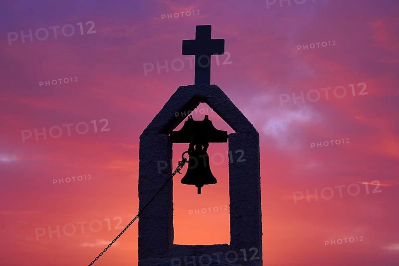 Dawn, sunrise, Rodopou Peninsula, Small Chapel, Bell Tower with Cross, detail, silhouette, red cloudy sky, Gramvoussa Peninsula, Pirate's Bay, Balos, Tigani, Western Crete, Crete Island, Greece, Europe