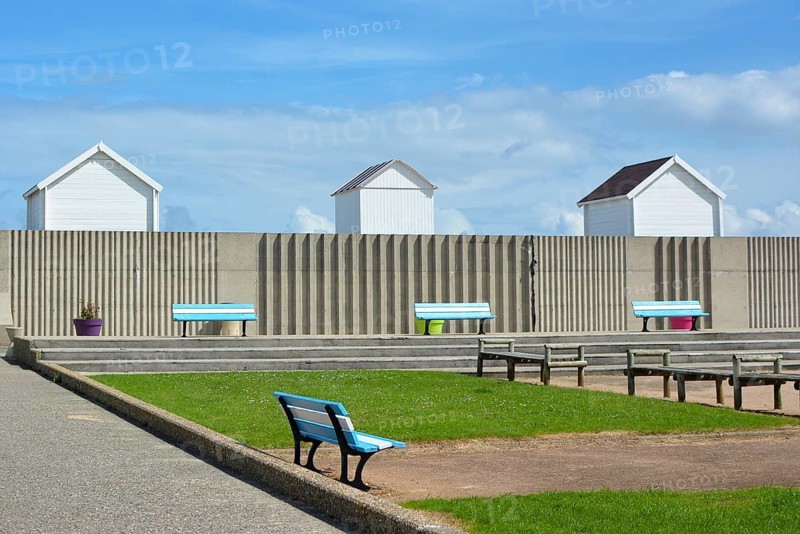 Seafront boardwalk in the city of Saint-Aubin-sur-Mer in District of Caen Calvados in Basse Normandie northwest France