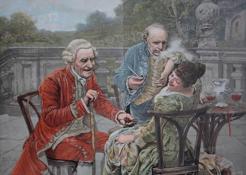 A distinguished company on a Sunday afternoon, a man blowing pipe smoke into a woman's face. Colour print as art supplement Zur guten Stunde, 1897. After a painting by P. C. Gilardi, Loose Pranks, Historical, digitally restored reproduction of an original 19th century original