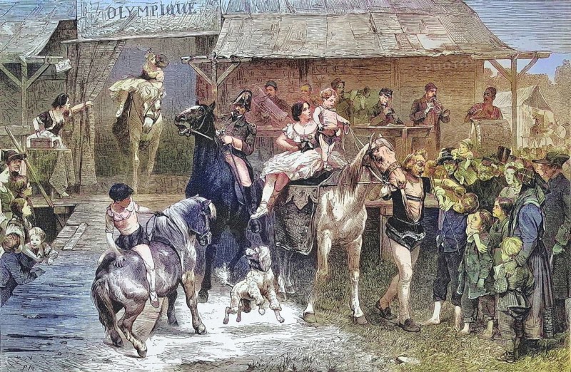 Parade in front of the circus, horses and acrobats amuse children and adults, 1869, Paris, France, Historic, digitally restored reproduction of an original 19th century artwork, exact original date unknown, Europe