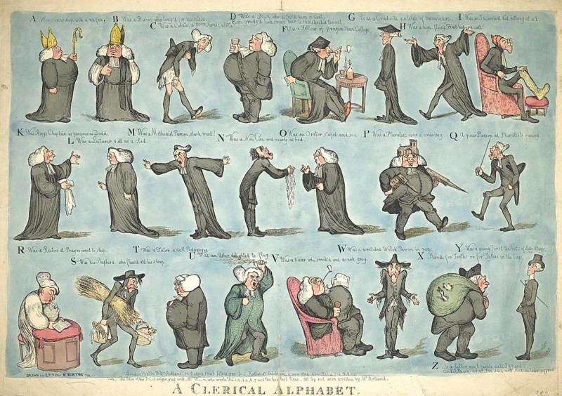 The Clerical Alphabet, Twenty-three clergymen in various attitudes illustrating a satirical alphabet, 1795, Historic, digitally restored reproduction from an original of the period