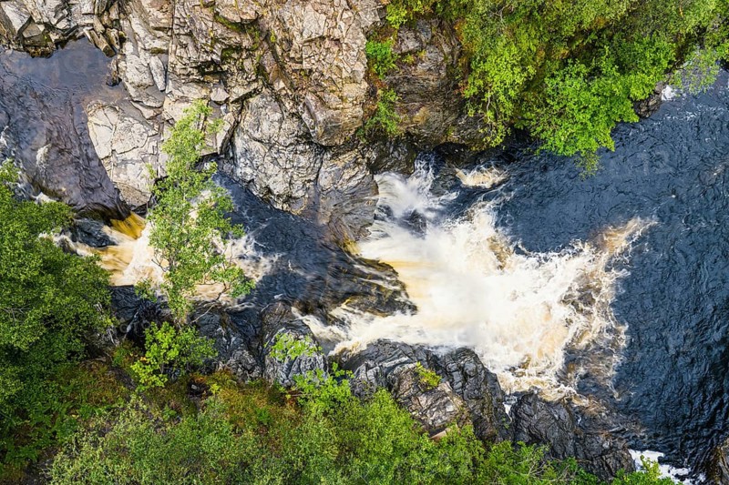 Top Down over Falls of Falloch from a drone, Waterfall on River Falloch, Crianlarich, Stirling, West Highland, Scotland, UK