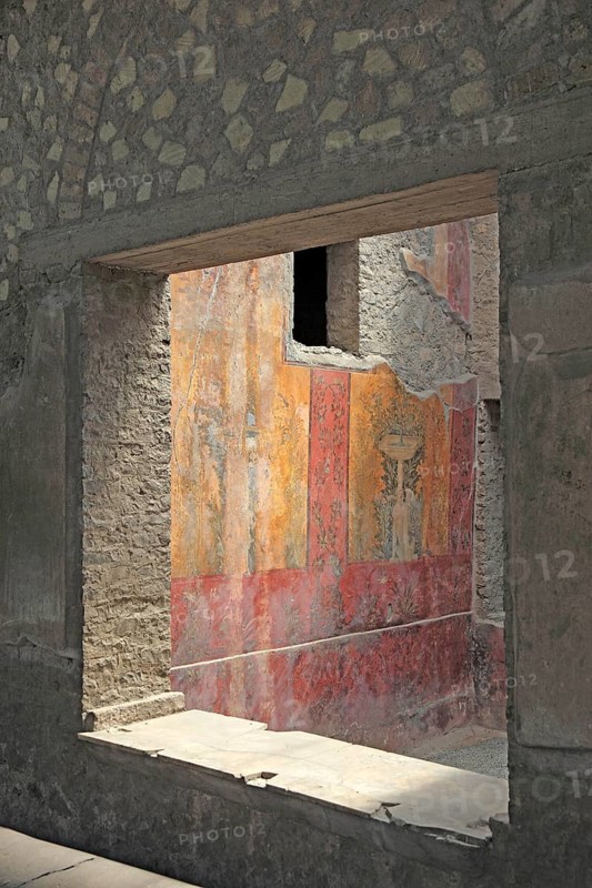 Villa of Poppea, view through window of the remains of the fresco decoration. Historic town of Oplontis, Torre Annunziata, Campania, Italy, Europe