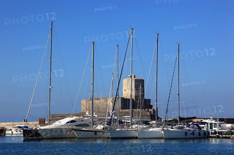 City of Trapani, the port and the former military hospital, Lazzaretto Castello della Colombaia, Sicily, Italy, Europe