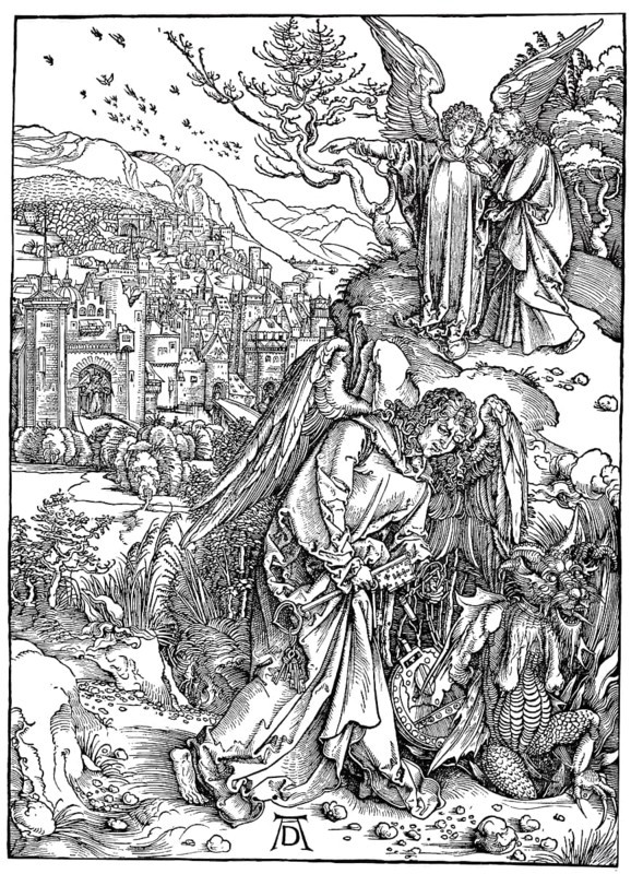 Ildercycle The Apocalypse, the angel with the key hurls the dragon into the abyss and another angel shows St. John the new Jerusalem, woodcut by Albrecht Dürer, historical, digitally improved reproduction of an old woodcut, The Apocalypse, the angel with the key hurls the dragon into the abyss and another angel shows St. John the new Jerusalem, woodcut by Albrecht Dürer, historical, digitally improved reproduction of an old woodcut