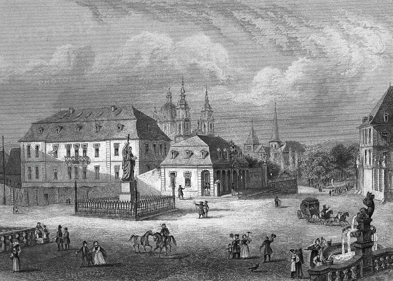 Bonifatiusplatz and Bonifatius Monument in Fulda, Hesse, Germany, 1850, Historical, digitally restored reproduction of a 19th century original, exact date unknown, Europe
