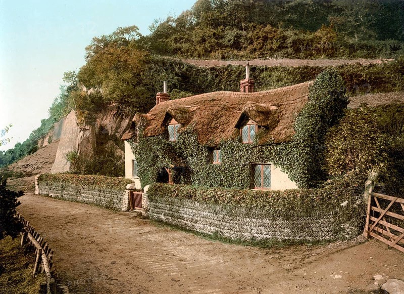 Swiss cottage, Old Maid's cottage from 1765, Lee, Devon, ca 1895, England, Historical, digitally restored reproduction from a 19th century original, Old Maid's cottage from 1765, Historical, digitally restored reproduction from a 19th century original