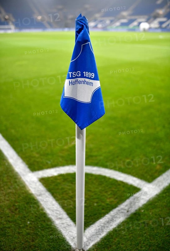 Corner flag, TSG 1899 Hoffenheim logo, grass, stadium interior, empty, PreZero Arena, Sinsheim, Baden-Württemberg, Germany, Europe