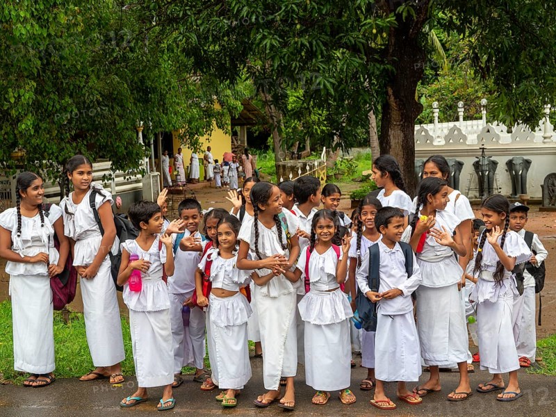 Group of school children, girls and boys in white school clothes, Dambulla, Sri Lanka, Asia