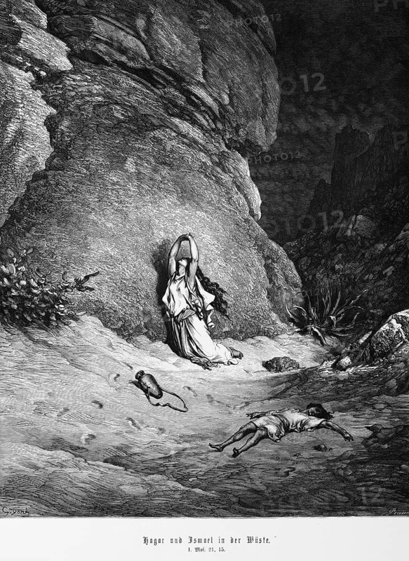 Bible, Hagar and Ishmael in the desert, Genesis 21:15, Bersheba, Negev, Egyptian slave, son, rock face, dying of thirst, thirst, need, light, Moses, empty water jug, forgiveness, dying, Old Testament, historical illustration 1885
