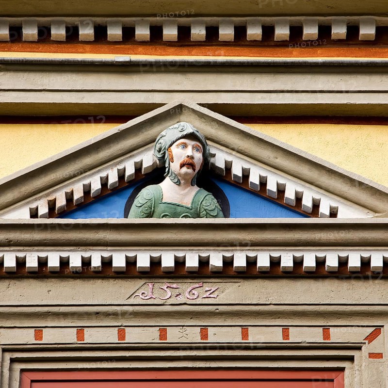 A so-called gaff head on the façade of the Haus zum Roten Ochsen, Renaissance, Erfurt, Thuringia, Germany, Europe