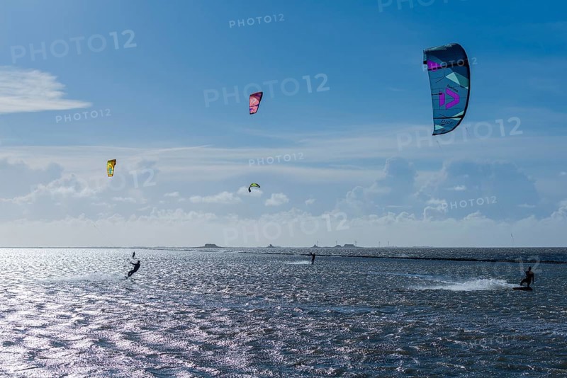 Kitesurfing on the North Sea, Lüttmoorsiel, Reußenköge, on the horizon Hallig Nordstrandischmoor, Lorendamm, wind force 6, blue sky, North Frisia, Schleswig-Holstein, Germany, Europe