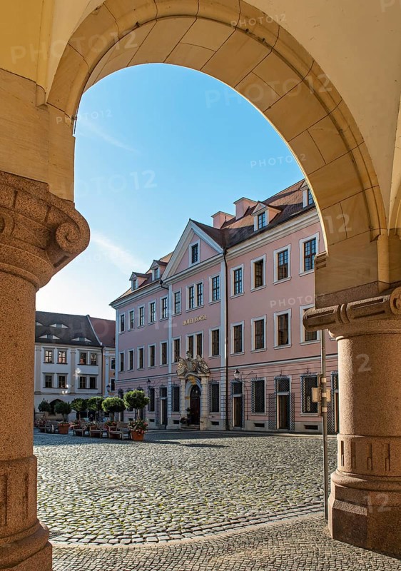Hotel Börse and arcade of New Town Hall building, Untermarkt, Görlitz, Goerlitz, Germany, Europe