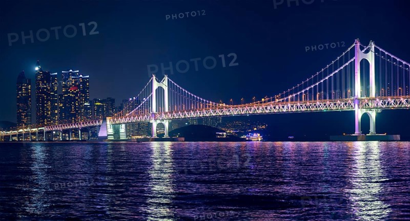 Gwangan Bridge and skyscrapers illuminated in the night. Busan, South Korea, Asia