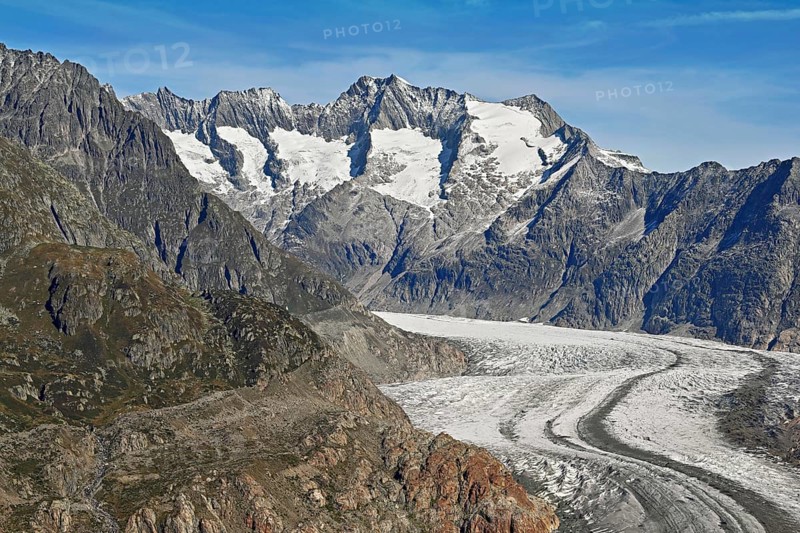 Great Aletsch Glacier, the heart of the Jungfrau-Aletsch-Bietschhorn UNESCO World Heritage Site, Goms, Valais, Switzerland, Europe