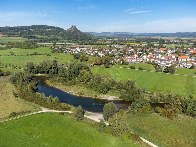 The Radolfzeller Aach with the village of Hausen an der Aach, on the horizon the Hegau volcano Hohenkrähen, Constance district, Baden-Württemberg, Germany, Europe