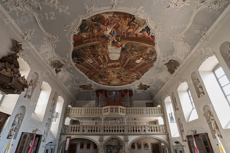 Organ loft with the ceiling painting by the artist Johann Peter Herrlein, 1722-1799, Parish Church of St. Michael, built from 1713-32, Zeil am Main, Lower Franconia, Bavaria, Germany, Europe
