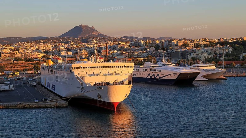 Evening light, ships, ferries, Kriti I, mountain, blue sky, harbour, Heraklion, capital, island of Crete, Greece, Europe