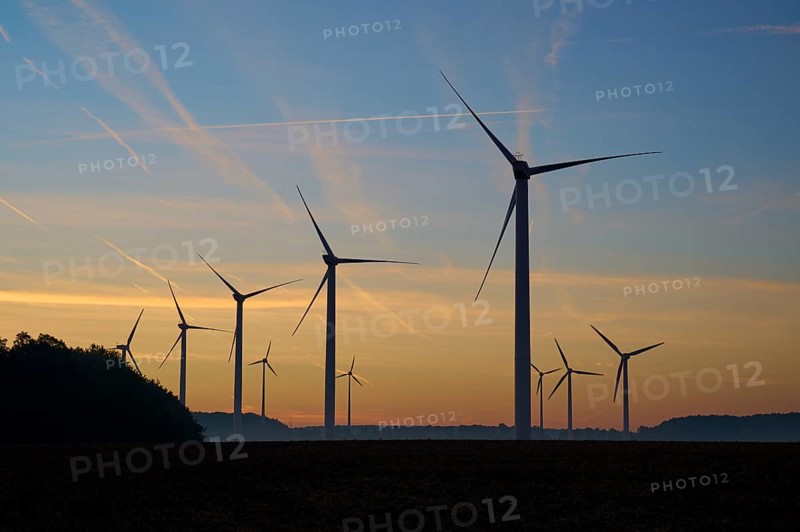 Wind turbines at dawn in the morning, Wertheim, Baden-Württemberg, Germany, Europe