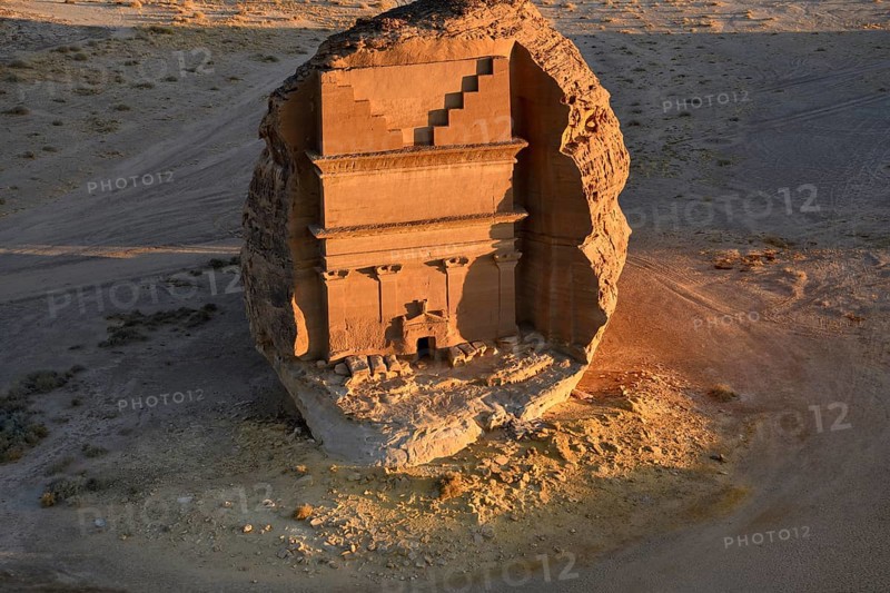 Qasr Al-Farid, 2000-year-old tomb of the Nabataeans, aerial view, Hegra or Madain Salih, AlUla region, Medina province, Saudi Arabia, Arabian Peninsula, Asia