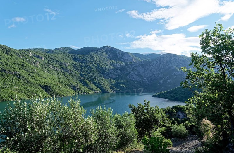 Lake Koman, a reservoir on the Drin River, in the Albanian Alps in northern Albania. Koman, Shkodra, Albania, Southeast Europe, Europe