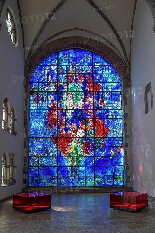 Monumental stained glass window La Paix, the Peace, by Marc Chagall in the Chapelle des Cordeliers, 18th century Franciscan chapel, Sarrebourg or Saarburg, Moselle, Grand Est region, Lorraine, France, Europe
