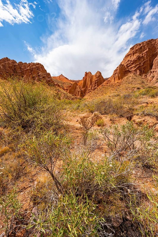 Eroded mountain landscape with sandstone cliffs, canyon with red and orange rock formations, Konorchek Canyon, Chuy, Kyrgyzstan, Asia
