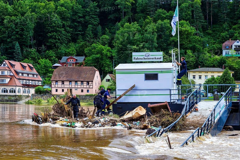 Flood helpers in Wehlen, numerous helpers, volunteer fire brigades and the THW, clear up the town together with the people of Wehlen after the flood. Here, the jetty of the Saxon Steamship Company is cleared of flotsam and jetsam