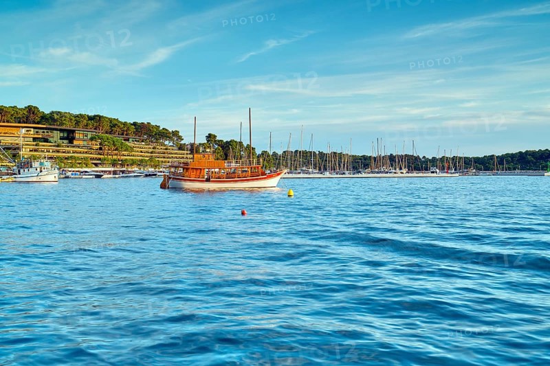Boats in Rovinj harbour, sea, blue sky, Istria, Croatia, Europe