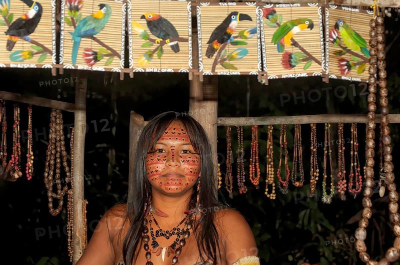 Portrait of a young Indian woman from the Dessanos tribe with traditional paintings on her face selling tourist artifacts, Rio Taruma, Manaus, Amazon state, Brazil, South America