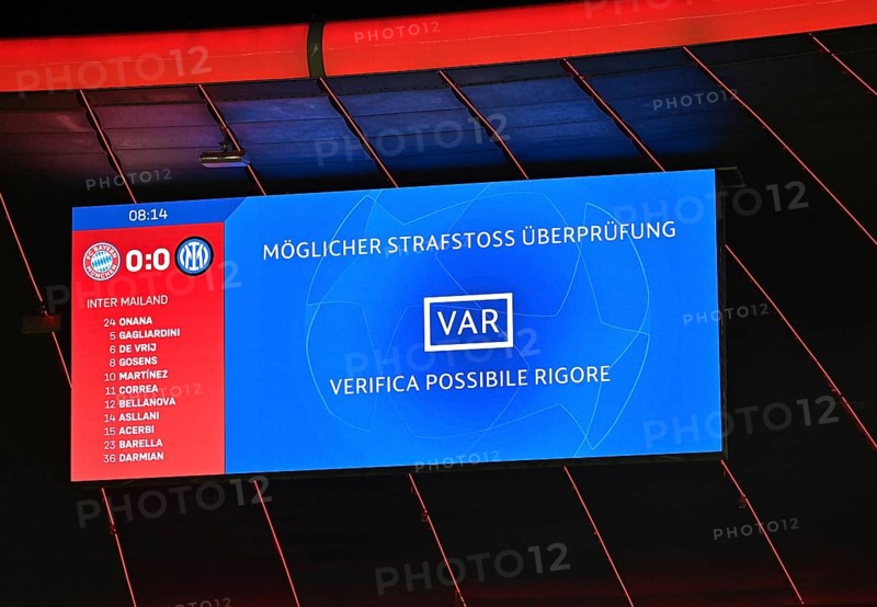 Scoreboard Video Evidence VAR, Design Champions League, Allianz Arena, Munich, Bavaria, Germany, Europe