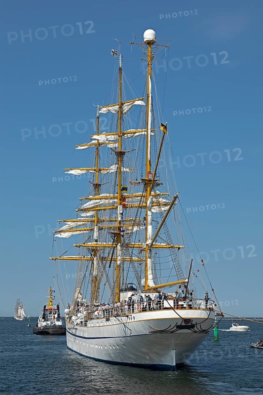 Sailing ship Gorch Fock docks, Unterwarnow, Hanse Sail, Warnemünde, Rostock, Mecklenburg-Western Pomerania, Germany, Europe