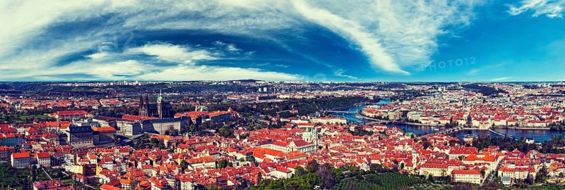 Vintage retro hipster style travel image of aerial panorama of Hradchany: the Saint Vitus (St. Vitt's) Cathedral and Prague Castle. Prague, Czech Republic, Europe