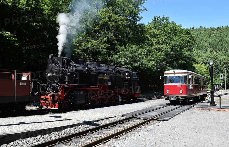 Steam locomotive of the Harz narrow gauge railway and rail bus, railcar in the Harz mountains, Saxony-Anhalt, Germany, Europe
