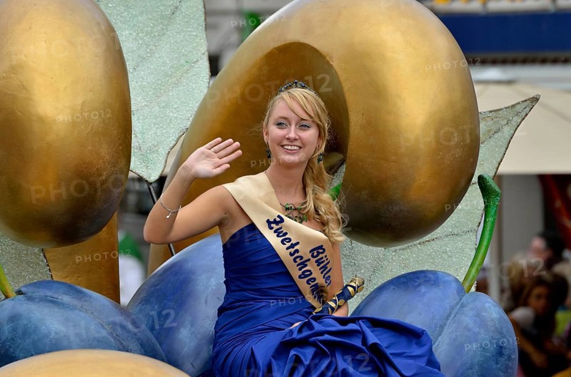 The Plums Queen Alina I. takes part in the parade of the Zwetschgenfest, plums festival, Bühl, Baden, Baden-Württemberg, Germany, Europe