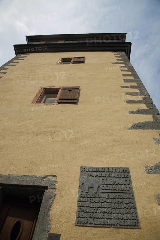 Historic cowherd's defence tower the elephant with view upwards and information board, fortified tower, tower, Große Rittergasse, Alt-Sachsenhausen, Sachsenhausen, Main, Frankfurt, Hesse, Germany, Europe