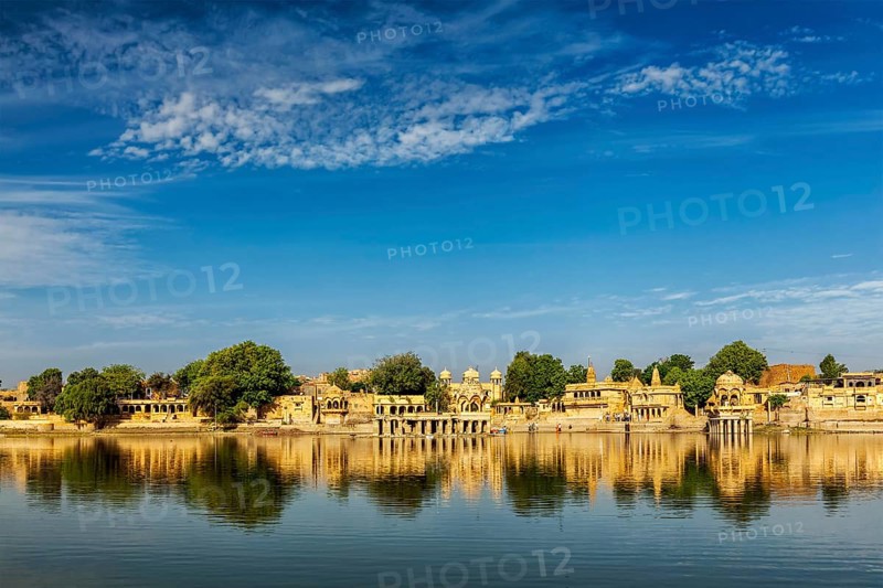 Indian tourist landmark Gadi Sagar, artificial lake. Jaisalmer, Rajasthan, India, Asia